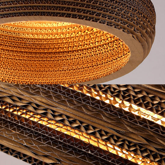 Asian Stylish Corrugated Paper Pendant Lamp In Brown With Drum/Cylinder/Globe Design