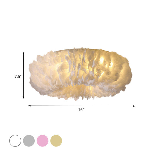 Modern Feather Flushmount Ceiling Light With 3/6 Fabric Heads In White/Grey/Pink For Bedroom