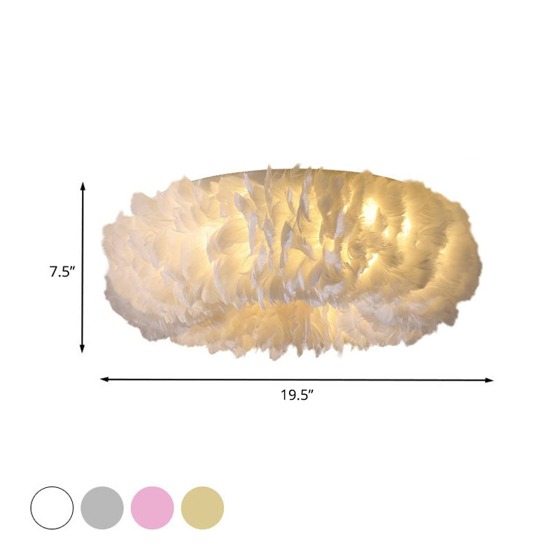 Modern Feather Flushmount Ceiling Light With 3/6 Fabric Heads In White/Grey/Pink For Bedroom