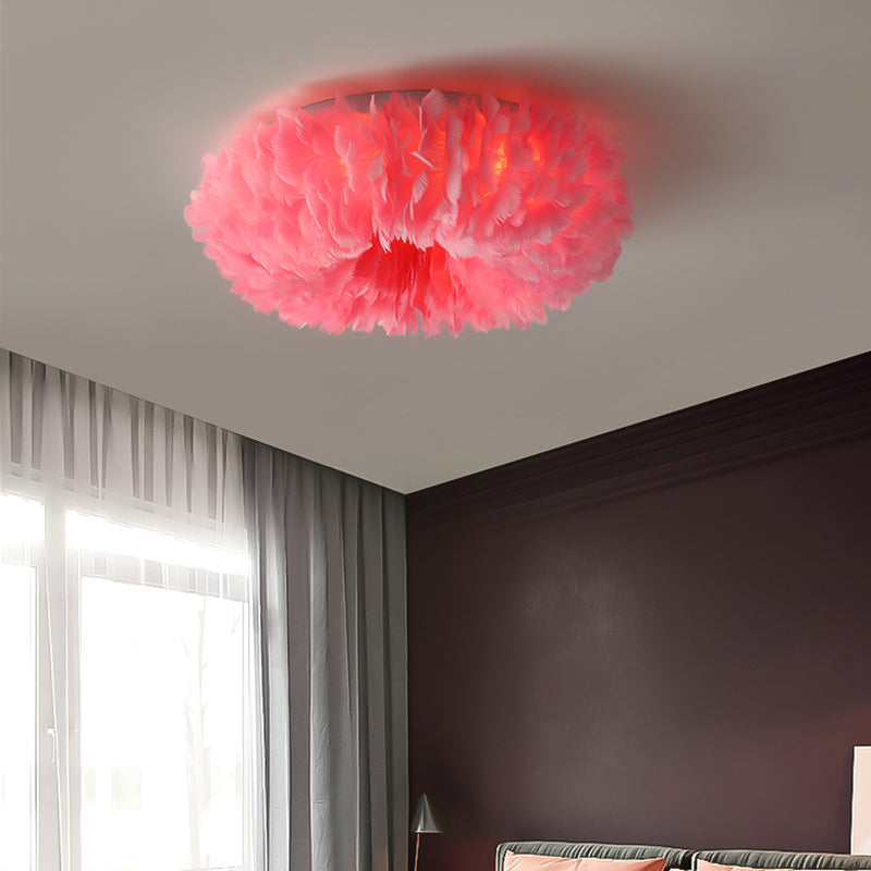 Modern Feather Flushmount Ceiling Light With 3/6 Fabric Heads In White/Grey/Pink For Bedroom