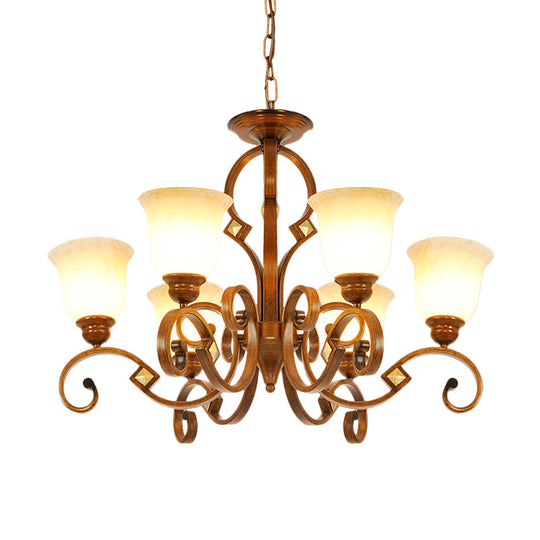 Rustic Metal Chandelier With Curved Arm 6 Bulbs Opal Glass Shade Ideal For Bedroom Ceiling