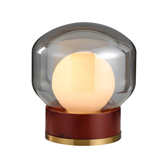 Opal Glass Globe Night Light With Wood Base - Countryside Bedroom Table Lamp In Brown