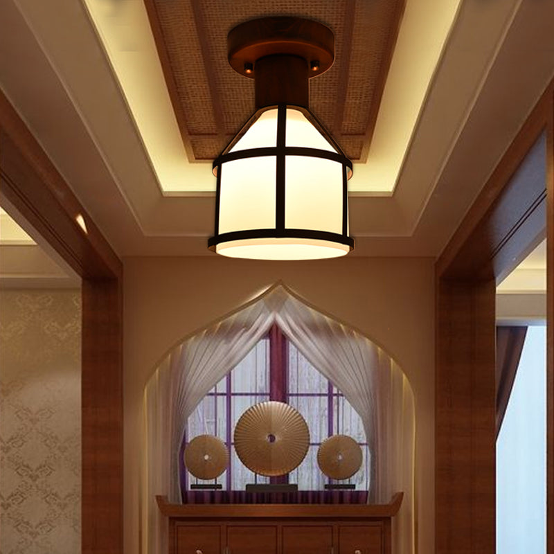 Country Opal Glass Dome Ceiling Light Fixture With Cage - Brown Flush Mount Lamp