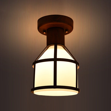 Country Opal Glass Dome Ceiling Light Fixture With Cage - Brown Flush Mount Lamp