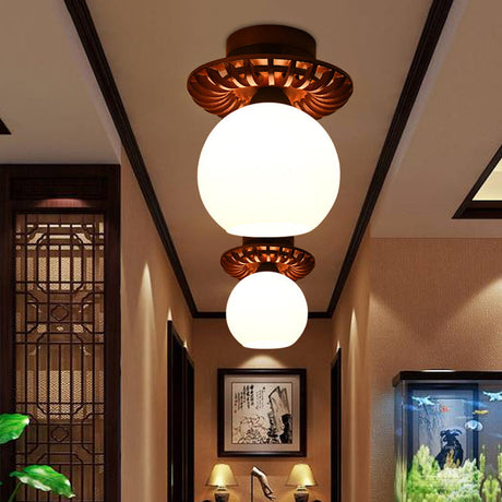 Rustic Cream Glass Flush Mount Ceiling Light With Wood Frame - Brown Globe/Square Design