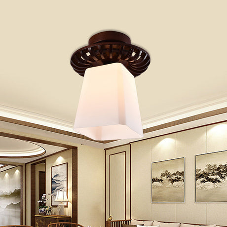 Rustic Cream Glass Flush Mount Ceiling Light With Wood Frame - Brown Globe/Square Design