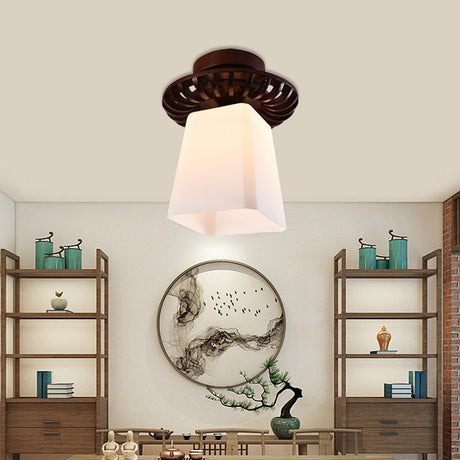 Rustic Cream Glass Flush Mount Ceiling Light With Wood Frame - Brown Globe/Square Design