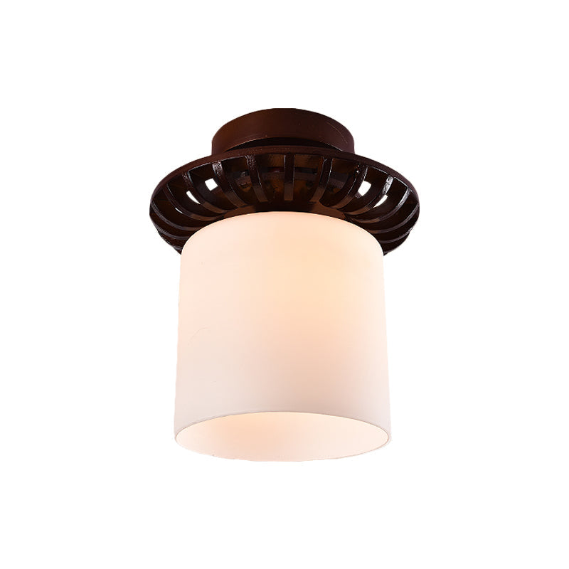 Rustic Cream Glass Flush Mount Ceiling Light With Wood Frame - Brown Globe/Square Design