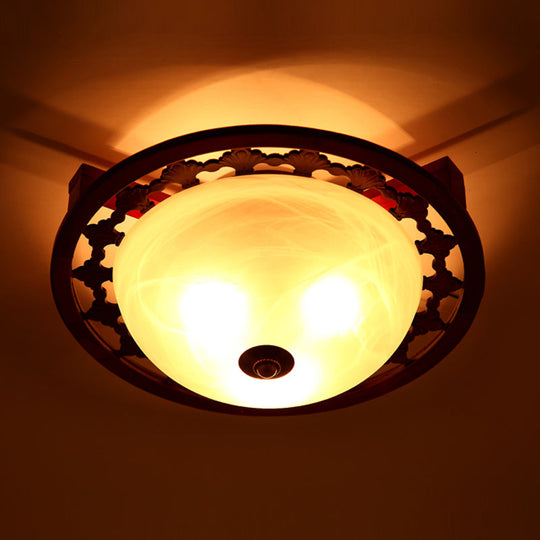 Rustic Brown Dome Flush Mount Lighting With Frosted Glass - 3-Light Wood Design –