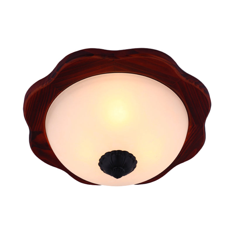 Frosted Glass Brown Flush Light Fixture - 16/19 W 3 Heads Rural Mount Recessed Lighting With Wood