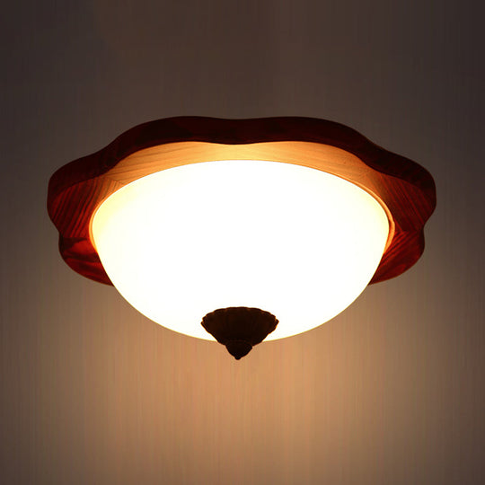 Frosted Glass Brown Flush Light Fixture - 16/19 W 3 Heads Rural Mount Recessed Lighting With Wood