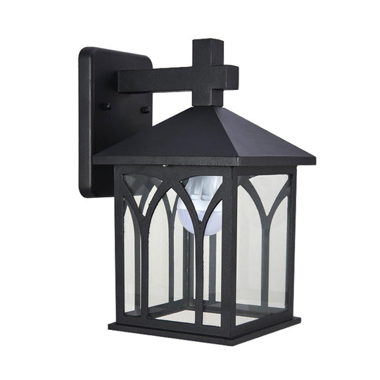Black Farmhouse Wall Sconce With Clear Glass And Open Bottom - 1 Bulb Cuboid Mount Light