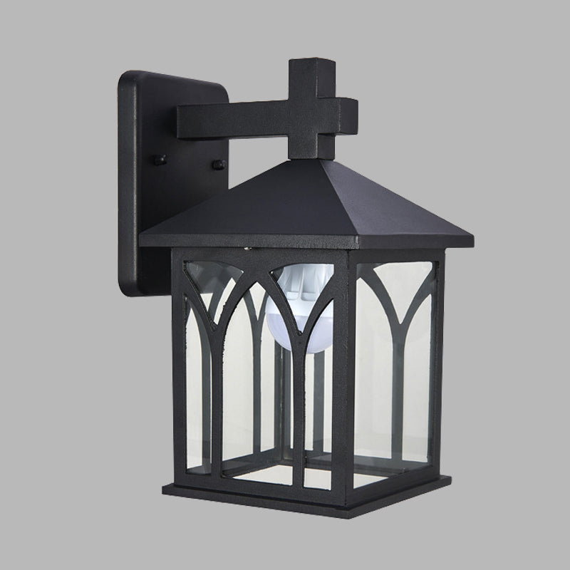 Black Farmhouse Wall Sconce With Clear Glass And Open Bottom - 1 Bulb Cuboid Mount Light