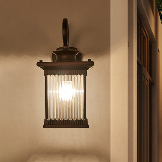 Clear Ribbed Glass Wall Light Rustic Black Finish Outdoor Cuboid Sconce Lamp