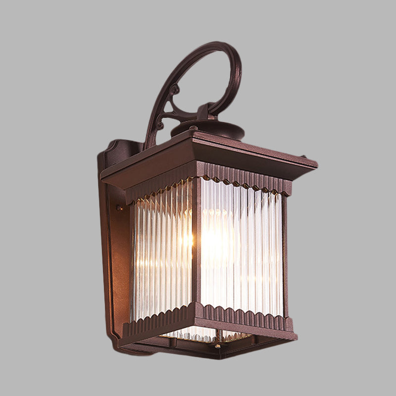Clear Ribbed Glass Wall Light Rustic Black Finish Outdoor Cuboid Sconce Lamp
