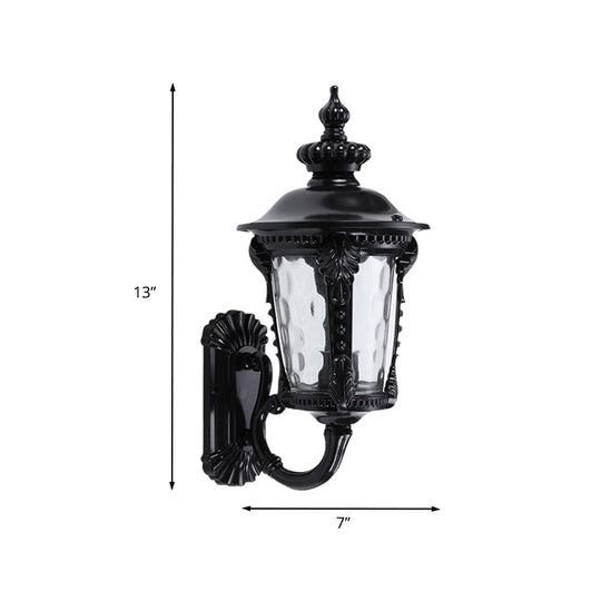 Rustic Urn Water Glass Wall Sconce - 1-Head Mount Lighting For Courtyard (Black)