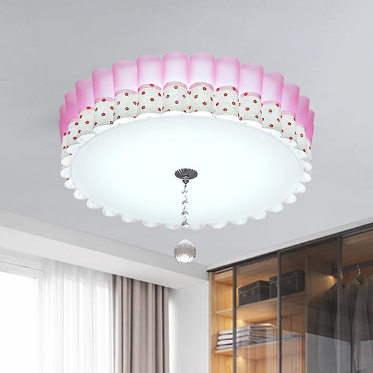 Pink Drum Flush Mount Ceiling Light With Acrylic Led Wavy Trim And Crystal Ball - Pastoral Bedroom