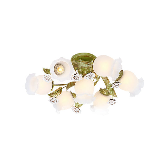 Twisted Pastoral Frosted Glass Flush Light: Green Semi Mount Lighting (4/7/9 - Bulb)