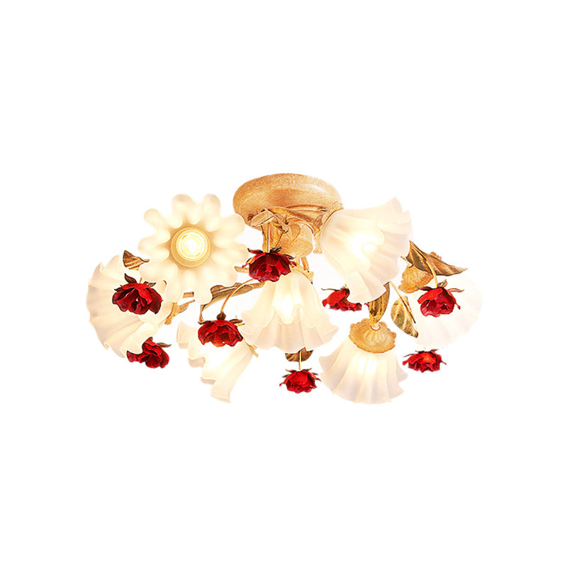 Brown 4/7/9 - Bulb Semi Flush Mount Pastoral Frosted Glass Ceiling Light With Red Flower Design