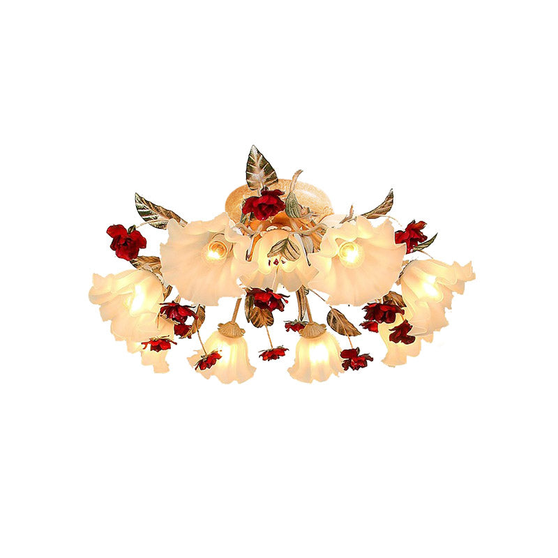 Brown 4/7/9 - Bulb Semi Flush Mount Pastoral Frosted Glass Ceiling Light With Red Flower Design