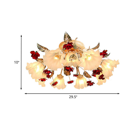 Brown 4/7/9 - Bulb Semi Flush Mount Pastoral Frosted Glass Ceiling Light With Red Flower Design