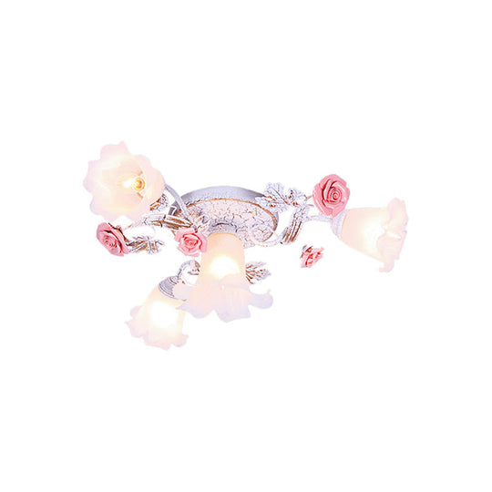 Pastoral White Glass Ceiling Light With Sputnik Design - 4/6/7-Bulb Semi Mount For Bedroom