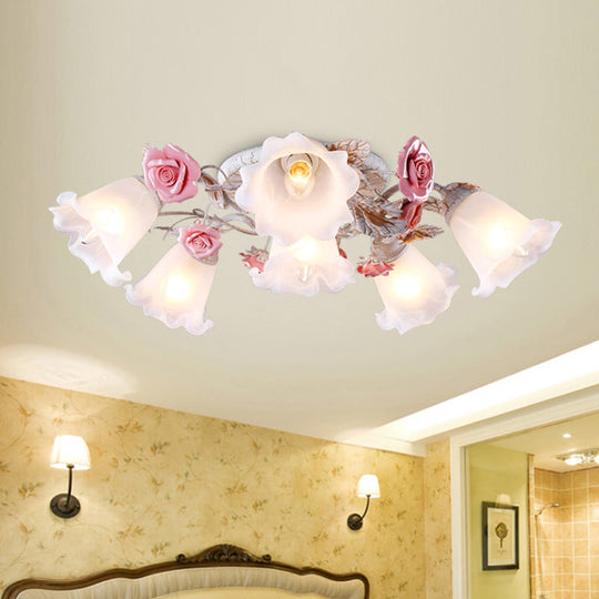 Pastoral White Glass Ceiling Light With Sputnik Design - 4/6/7 - Bulb Semi Mount For Bedroom
