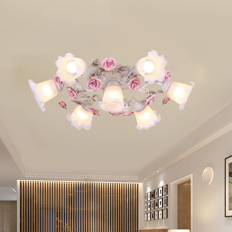 Pastoral White Glass Ceiling Light With Sputnik Design - 4/6/7 - Bulb Semi Mount For Bedroom