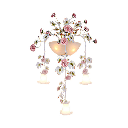 Korean Garden Pink Wall Light With White Floral Glass Sconce - 5 Heads For Hallway Lighting