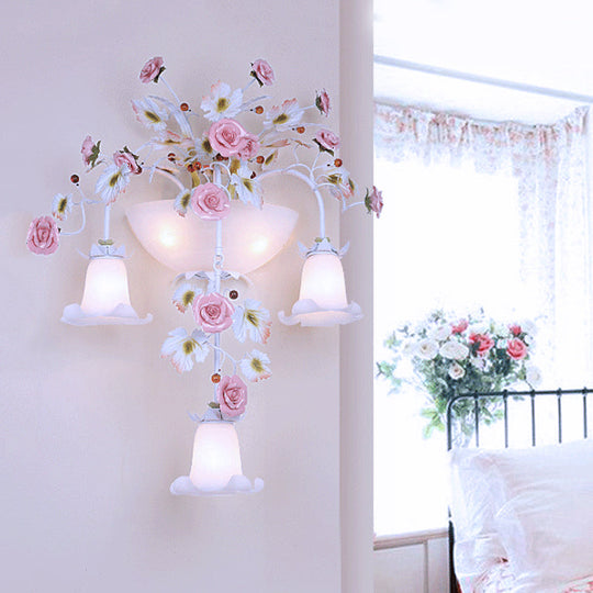 Korean Garden Pink Wall Light With White Floral Glass Sconce - 5 Heads For Hallway Lighting