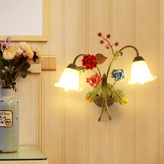 Green Glass Flower Wall Sconce With Curved Arm - Korean Garden Lamp