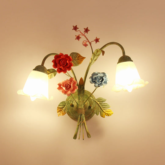 Green Glass Flower Wall Sconce With Curved Arm - Korean Garden Lamp