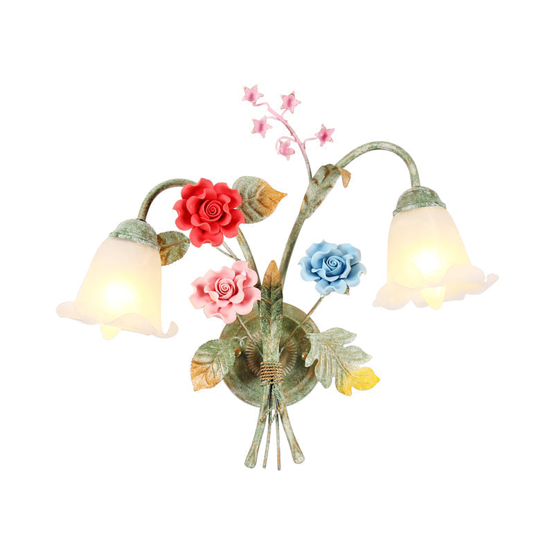 Green Glass Flower Wall Sconce With Curved Arm - Korean Garden Lamp