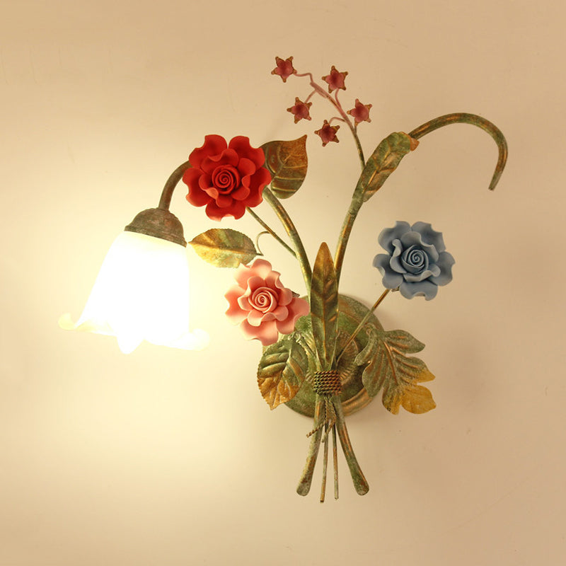 Green Glass Flower Wall Sconce With Curved Arm - Korean Garden Lamp