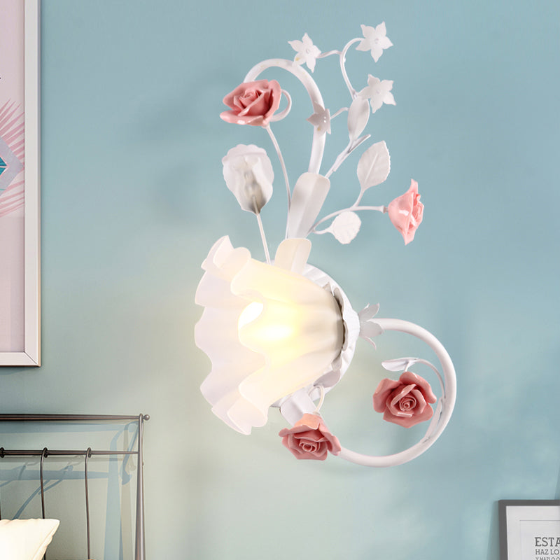 Countryside Scalloped Wall Lighting - Elegant White Glass Lamp With Pink Rose Bedroom Mounted