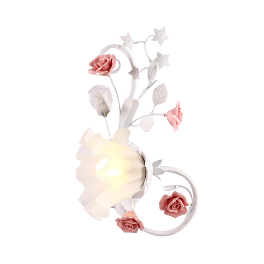 Countryside Scalloped Wall Lighting - Elegant White Glass Lamp With Pink Rose Bedroom Mounted