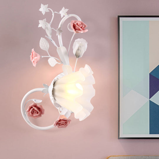 Countryside Scalloped Wall Lighting - Elegant White Glass Lamp With Pink Rose Bedroom Mounted