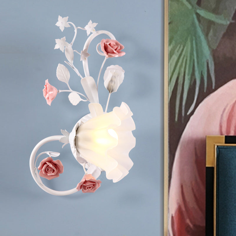 Countryside Scalloped Wall Lighting - Elegant White Glass Lamp With Pink Rose Bedroom Mounted