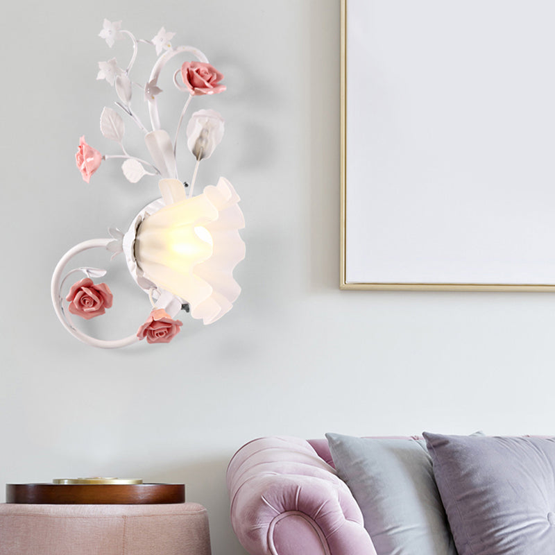 Countryside Scalloped Wall Lighting - Elegant White Glass Lamp With Pink Rose Bedroom Mounted