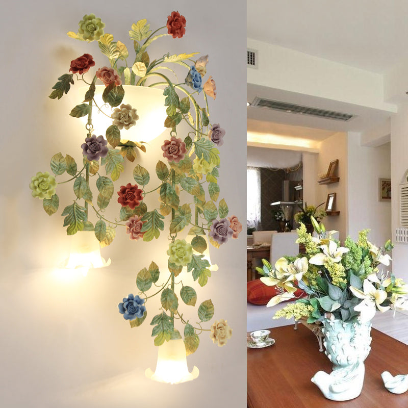 Pastoral Style White Glass Flower Sconce - 5-Light Bedroom Wall Mount Fixture