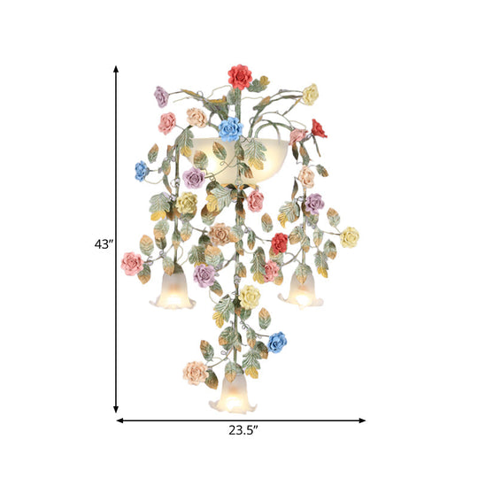 Pastoral Style White Glass Flower Sconce - 5-Light Bedroom Wall Mount Fixture