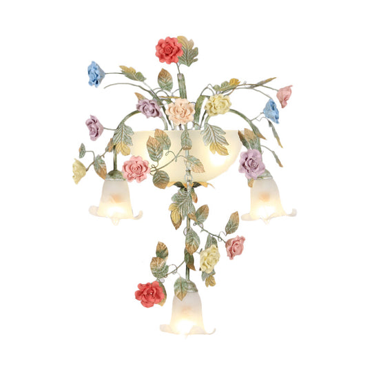 Pastoral Style White Glass Flower Sconce - 5-Light Bedroom Wall Mount Fixture