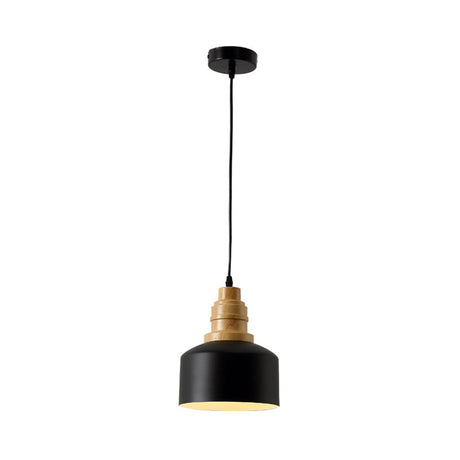 Modern Nordic Black Drum Pendant Ceiling Lamp With Wood Top - 1-Bulb Iron Hanging Light