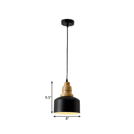 Modern Nordic Black Drum Pendant Ceiling Lamp With Wood Top - 1-Bulb Iron Hanging Light