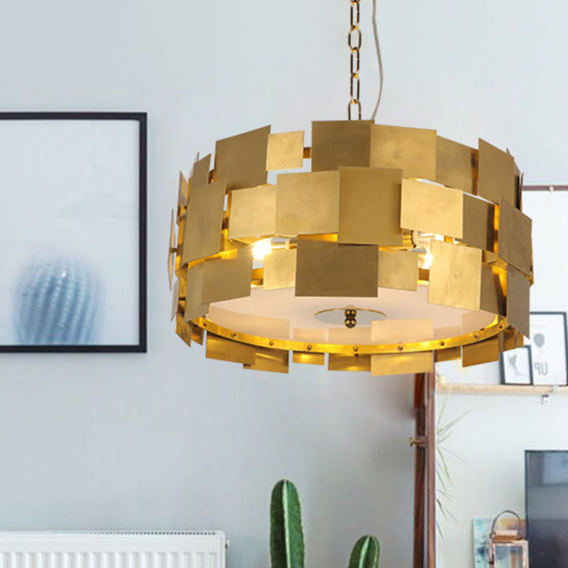 Modern Gold Square Panel Hanging Light With 6 Bulbs Metallic Drum Ceiling Chandelier Kit