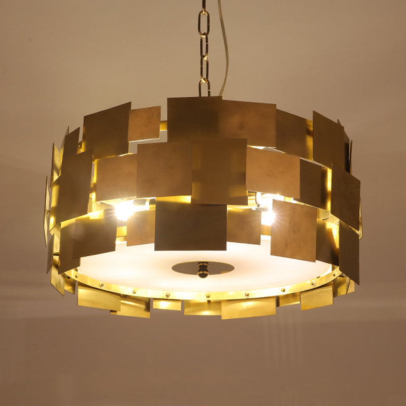 Modern Gold Square Panel Hanging Light Kit - 6 Bulb Metallic Drum Ceiling Chandelier