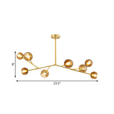 8-Bulb Branch Pendant Chandelier With Amber Glass Shade - Modern Brass Ceiling Fixture For Living