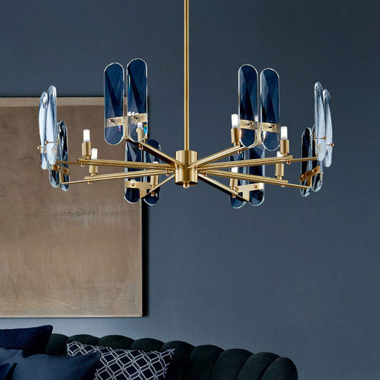 Blue Glass Oval Panel Ceiling Light: Postmodern Brass Led Chandelier Lamp With Radial Design