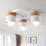Modern Nordic Iron Cylinder Flush Mount Fixture With Wood Top - White 3 Bulb Ceiling For Bedroom