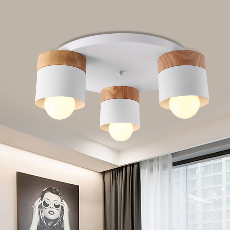 Modern Nordic Iron Cylinder Flush Mount Fixture With Wood Top - White 3 Bulb Ceiling For Bedroom